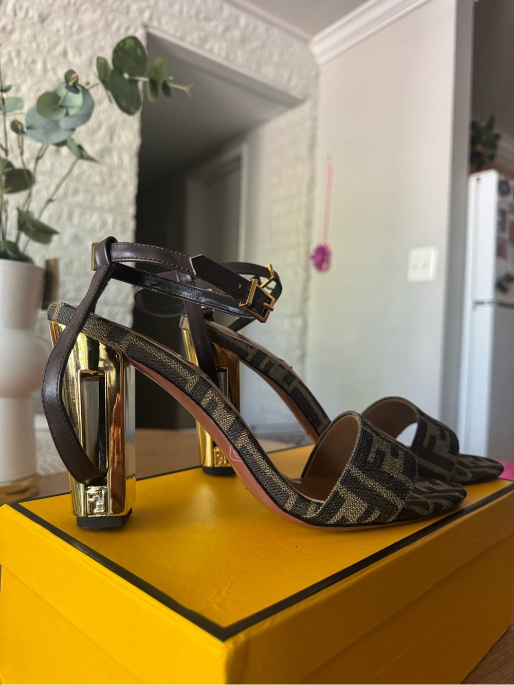 Women's Brown Patterned Block Heel Sandals